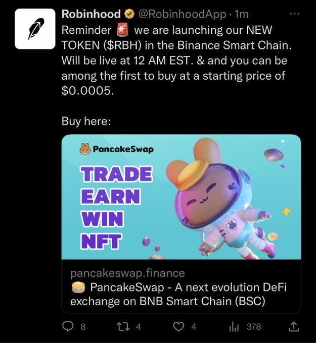 Robinhood’s Twitter Account Promotes Scam Token on Binance’s BNB Chain in Unauthorized Posts